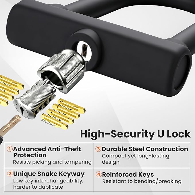 Bike Locks Heavy Duty Anti Theft,18mm Shackle High Security Bicycle U Lock with 2 Keys and Sturdy Mounting Bracket, Perfect for Electric Bike, Scooter, Motorcycle (Only U Lock, Medium)
