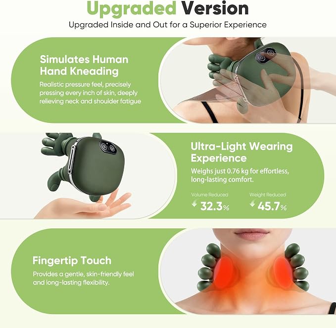 Shoulder and Neck Massager, Bionic Heated Massager, Neck Massager with Fingers, 4D Kneading Massage, Simulates a Real Palm Massage for Comfort, Relax Muscle Tension (Green)