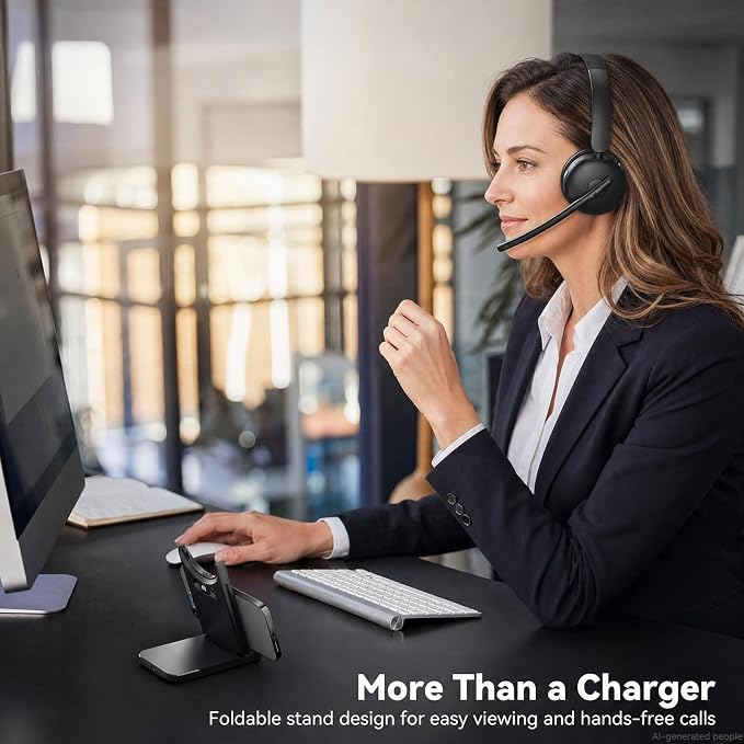Wireless Headset with Mic for Work, Bluetooth Headset with Microphone AI Noise Cancelling, 65H Battery Headset with Microphone for PC with Fast Charge & Mute Button for Laptop/Call Center/Computer