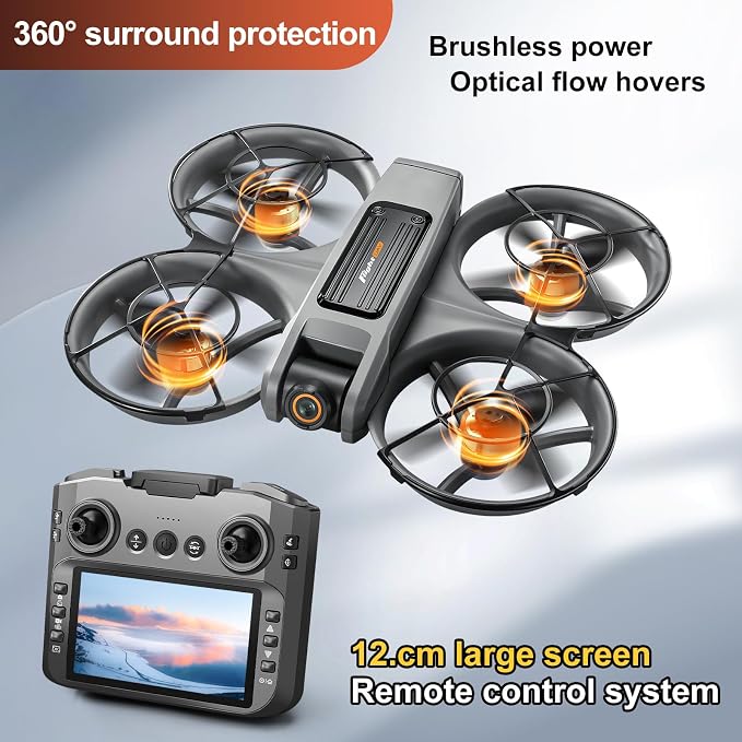 RC Drone With Screen On Controller (4.92in), UHD Dual Camera, Brushless Motor, Optical Flow Hovering, 360° Propeller Guard, 6-Axis Gyro, Headless Mode, One-Key Takeoff/Landing, 3-Speed Adjustable, 50X Zoom, Gesture Control, Trajectory Flight, Night LED...