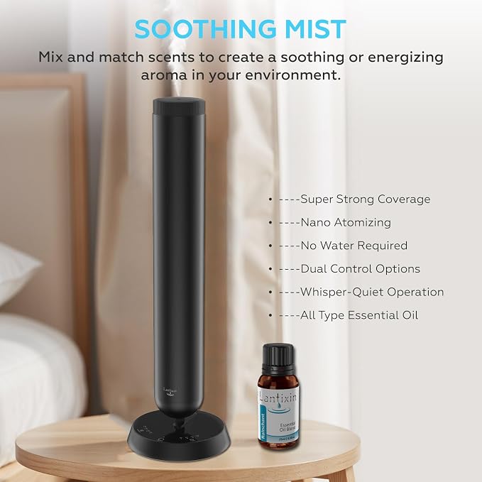 Lantixin Waterless Essential Oil Diffuser with APP & Timer – Nano Atomization Technology Plug in Diffuser for Large Room – Ultra Quiet Scent Air Machine for Home, Office, Hotel, Aromatherapy (Black)