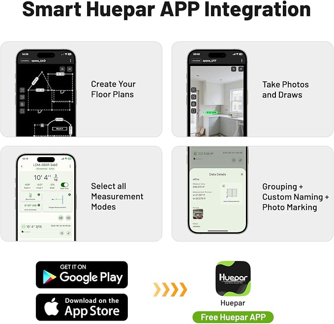 Huepar 200Ft Laser Measuring Tool with APP Control, 5-Year Warranty, Rechargeable Bluetooth Distance Meter, 1/16" High Accuracy, M/In/Ft Unit, Angle Sensor, Multiple Modes, IP54, for Home&Construction