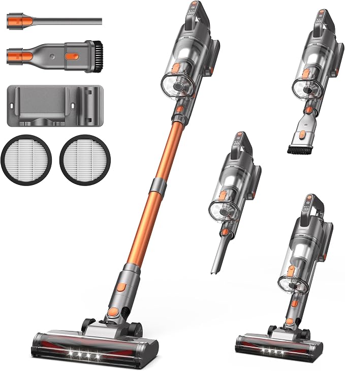 Zefiro Cordless Vacuum Cleaner, 600W 50KPA 55Mins Vacuum Cleaners for Home, Stick Vacuum with LED Display, Anti-Tangle, Wall Mount, Lightweight, Rechargeable Wireless Vacumm for Pet Hair (Orange)