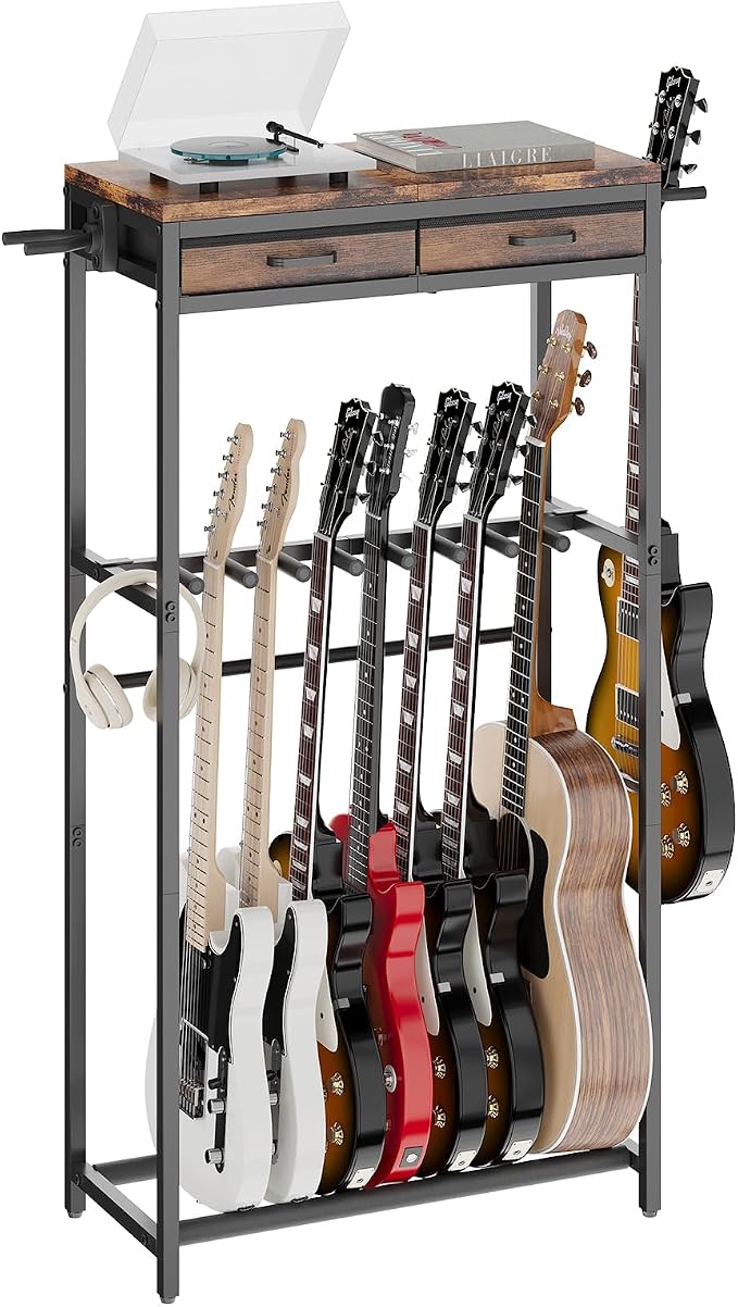 ELYKEN Guitar Stand, Guitar Rack with 2 Hangers and Storage Drawers for Guitar Accessories, Multiple Guitar Holder for Acoustic Electric Guitar, Bass, Instrument, Music Studio, Rustic Brown