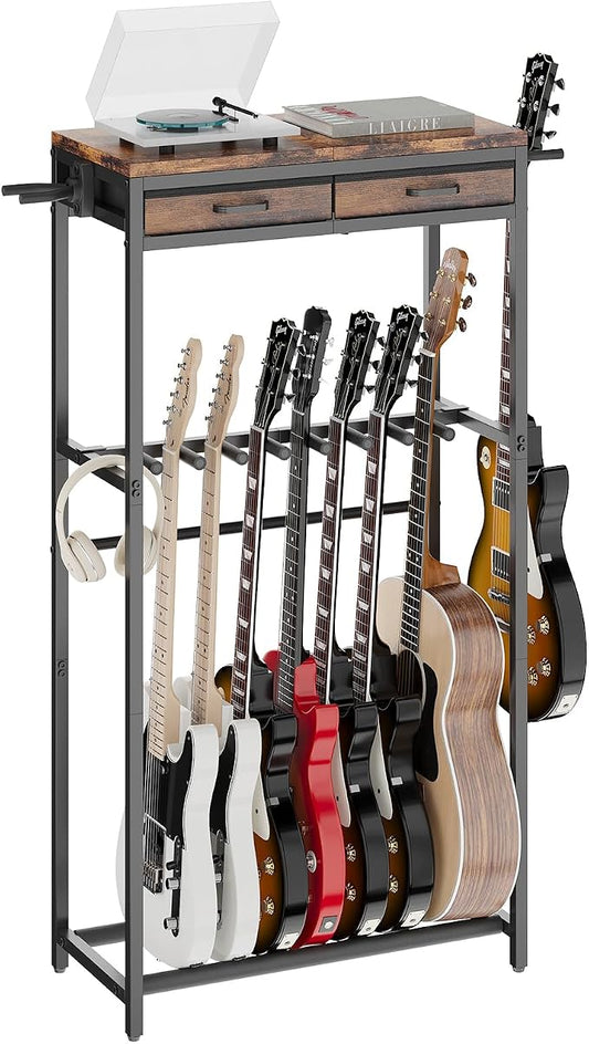 ELYKEN Guitar Stand, Guitar Rack with 2 Hangers and Storage Drawers for Guitar Accessories, Multiple Guitar Holder for Acoustic Electric Guitar, Bass, Instrument, Music Studio, Rustic Brown