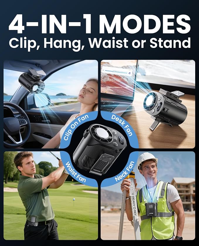 Portable Waist Fan with Ice Cooling, 4-in-1 Clip-On Fan for Car/Shirt/Hat/Belt, 16000RPM Strong Airflow, 12H Runtime, 100 Speed Settings, Wearable Fan for Outdoor Work, Camping, Travel Black
