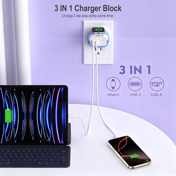 Charger Block for Apple Watch,23W PD 3 in 1 USB C Charging Block Build in Wireless Magnetic iWatch Charging Wall Charger Plug Cube Compatible with iWatch Series 11/10/9/8/7 Ultra 3/2/1,iPhone 17/16/15