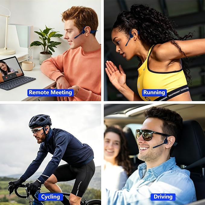 Meetings Open-Ear Headphones with Rotatable Noise-Canceling Boom Mic, Bone Conduction Bluetooth 5.4 Headphones with One-Touch Mute&Magnetic Charging for All-Day Use,Perfect for Driving Learning(Blue