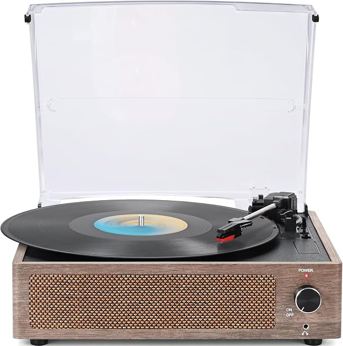 Vintage Vinyl Record Player with Speakers Retro Turntable Belt-Driven LP Phonograph 3-Speed Bluetooth Wireless Input AUX-in Headphone RCA Line Out All-in-one for Beginner Wooden Grain Grey