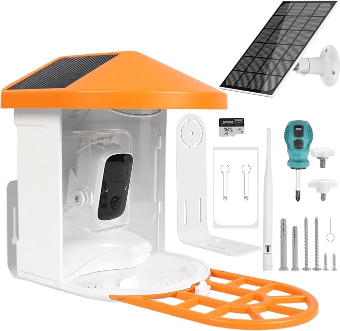 5W Solar Powered Bird Feeder with Camera - Smart Birdfeeder with 64GB SD Card, 2K Live View, AI Identification, Weatherproof Outdoor Bird Feeder for Backyard, Night Vision & Auto Capture