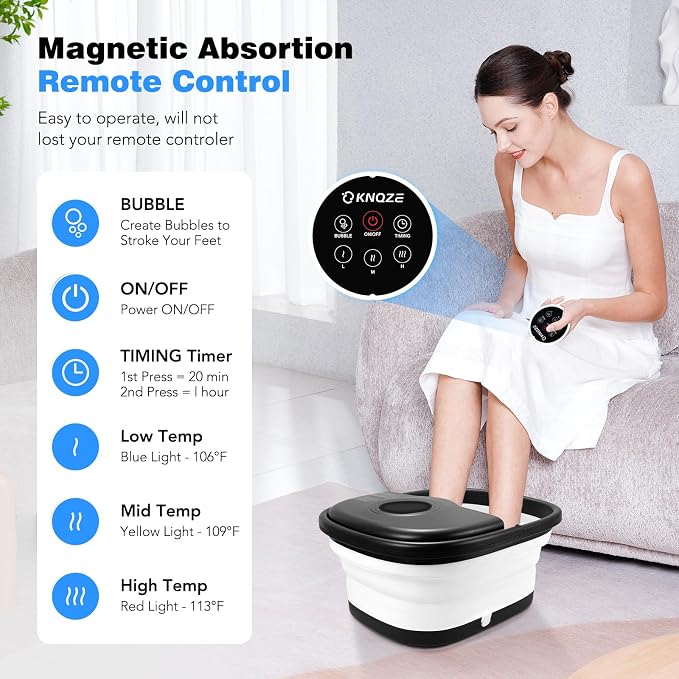 KNQZE Collapsible Foot Spa Bath with Heat & Remote Control, Bubble Massage, Temperature Control, Red Light, Timer, 16 Rollers & Pumice Stone for a Soothing Spa Experience
