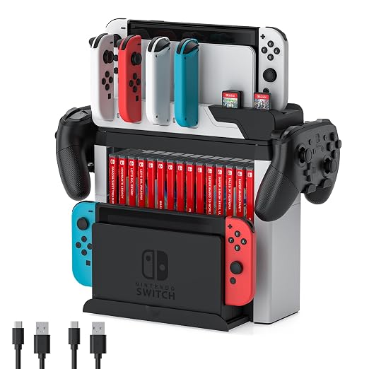 Switch Game Storage with Controller Charger for Nintendo Switch & OLED Model, MLIFEMFUL Switch Charging Dock Charges 6 Joycons, Switch Gaming Accessories Holder Desk, Switch Game Gift Card Organizer