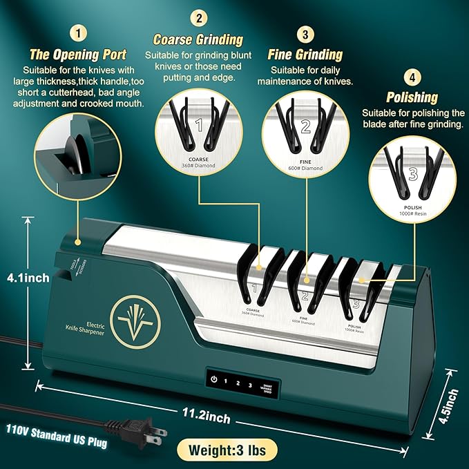 Professional Electric Knife Sharpener with 100% Diamond Abrasives & Precision Angle Guides, 3-Speed Variable 4-Stage Open Touch-Screen Knife Sharpener for Straight, Serrated Edges, Scissors & Axes | 100% Diamond Abrasives, Precision Angle Guides, 3-Spe...