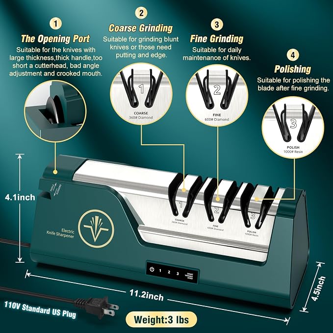 Electric Knife Sharpener with 3-speedTouchscreen, Open Sharpening Slot | 100% Diamond Abrasives, 4-Stage, Touch-Screen LCD, Suit for Scissors & Axes