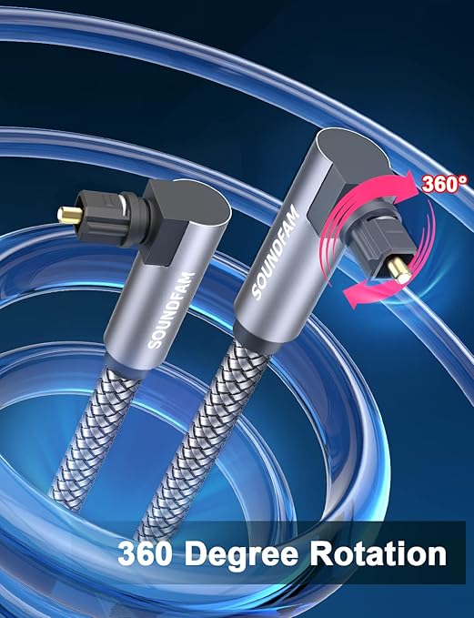90 Degree Optical Audio Cable 6ft/2M Double Right Angle Optical Cable 360 Degree Free-Rotating Plug Digital Audio Optical Cable for Home Theater, Sound Bar,TV-Grey