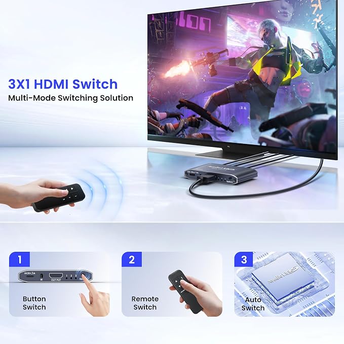 avedio links HDMI Switch 3 in 1 Out with Remote, 4K@60Hz HDMI 2.0 Switcher Box, 3 Port HDMI Selector Support 18Gbps, HDR10+, VRR, Dolby, HDCP 2.2, Compatible with PS5/PS4 Xbox Fire Stick TV Projector