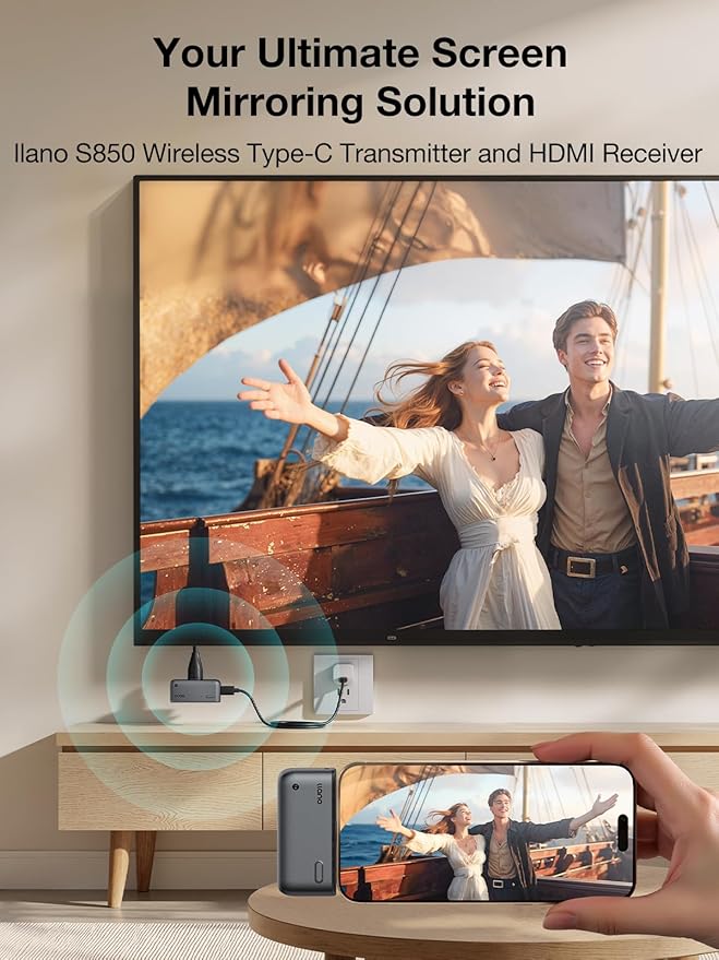 llano S850 Upgraded Type-C Wireless HDMI Transmitter and Receiver, 50M, Ultra 4K Decode Input 1080P@60Hz Output, Plug&Play 5G+2.4G and Audio for Phone/Tablet/Laptop/PC to Monitor/Projector/TV (Black)