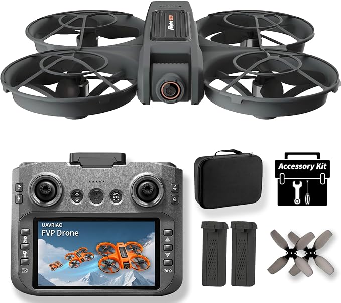 UAVRIAO 4.5" HD Screen Remote Control Drone with 2K Dual Camera & Brushless Motors, 360° Protection Safety Quadcopter, Auto Hovering, 3D Flips, Headless Mode, Follow Me, LED Light, WiFi FPV, 2 Batteries 30 Min Flight, Great Gift for Adults, Kids, Begin...