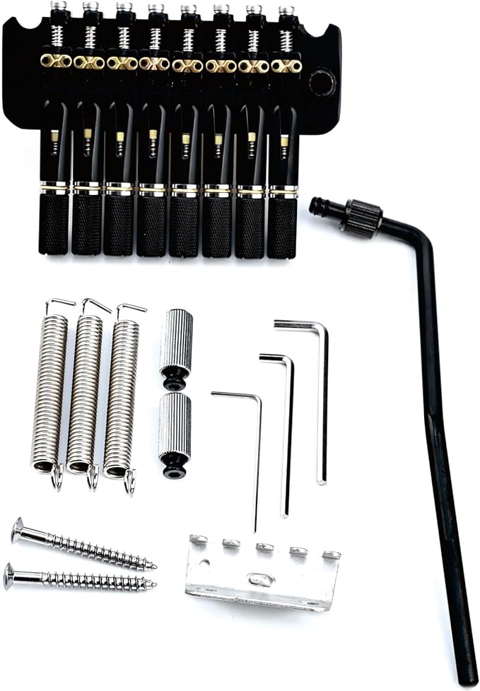 10.5mm 8-String Headless Electric Guitar Bridge, 2 point tremolo bridge - Brass Block Saddle Hardened Steel Plate,Fit for 8 String Headless Electric Guitar Replacement parts（All Black）