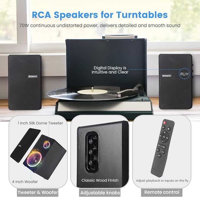 80W Powered Bookshelf Speakers, Desktop HiFi Stereo Speakers with 4 Inch Woofer, Record Player Speakers With Optical/ARC/RCA/BT/AUX Wired & Wireless Connection, Active Turntable Speakers for TV PC