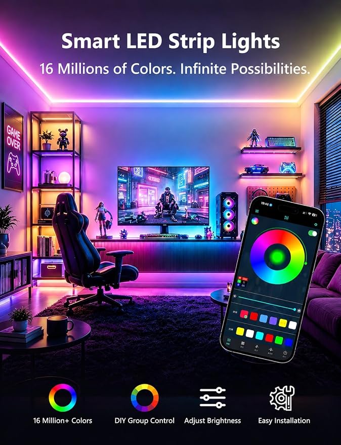MFWW 66FT Strip Lights, Smart IC RGB LED Lights Multiple Colors on One Line, App+Remote Control, Timing, Multimodal, Music Sync, Color Changing Lights for Bedroom, Party Home Decor