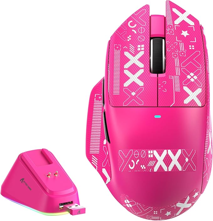 MAMBASNAKE×Attack Shark V6 65g Lightweight RGB Gaming Mouse with Magnetic Charging Dock, BT/2.4G Wireless/Wired 1K Polling Rate, 25K DPI, Programmable Mice for PC/Mac/Laptop(Berry&Stickers)