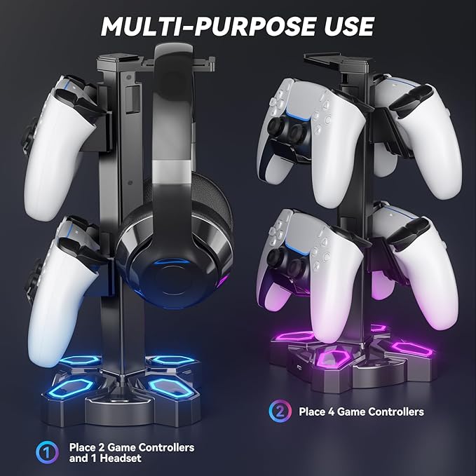 KDD Headset Controller Stand with USB A&C Charger Ports & RGB Rotatable Headphone Stand with 2 USB Charging Ports and 3.5mm