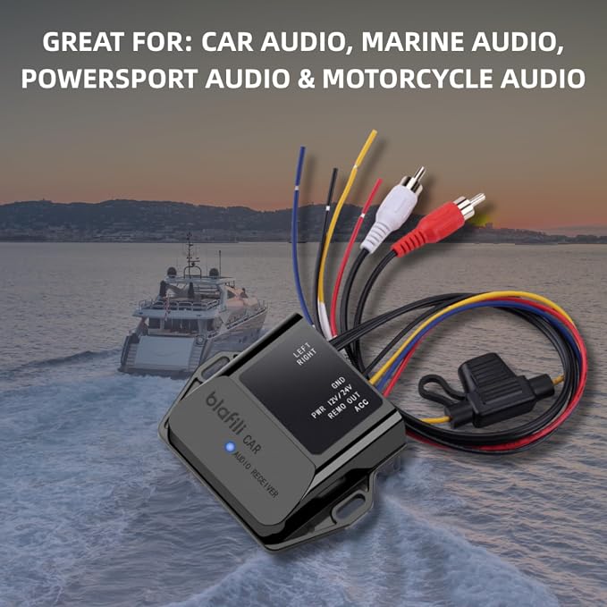 CAR Bluetooth Receiver with RCA Output for Car, Truck & Marine | Bluetooth 5.2, aptX Adaptive HD, 12V 24V compatible, ACC wire required, audio activated remote output, no micphone