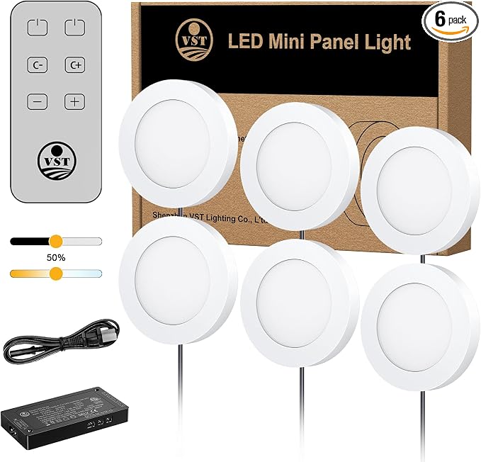 VST Under Cabinet Lights CCT 3000K-6500K, LED Puck Light Color Temperature and Brightness Adjustable with Touch Remote Dimmer and ETL-Listed Led Driver for Drawer Wardrobe Kitchen （White）