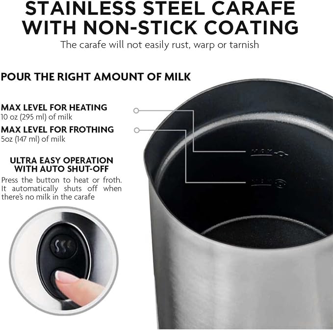 Ovente Electric Double Wall Insulated Non Stick Milk Frother and Steamer Hot & Cold 5 Ounce 10 Ounce Heated Capacity Warmer Whisker for Latte Cappuccino Espresso Coffee Hot Chocolate Chrome FR4810CH