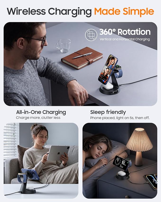 Meifigno 4 in 1 Magnetic Wireless Charger with 20W Fast Retractable Cable for Apple Devices, Charging Station Designed for MagSafe Charger Stand with 45W Adapter for iPhone 17 16/Apple Watch/Earbuds