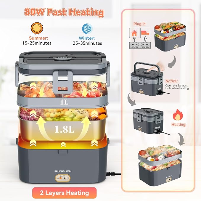 RIKDOKEN 80W Faster Larger Electric Lunch Box Heater 2.8L Double Layers for Car Truck Work Home, 12V 24V 110V Portable Stainless Steel Food Warmer, Leak-proof Lunch Heater with Bag, Spoon, Fork