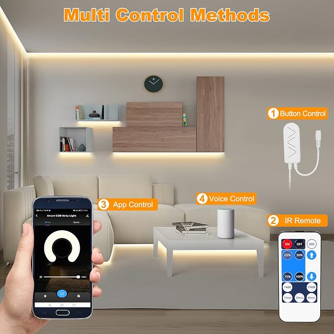 Tatazone Smart White COB Led Strip Light with App and Remote, 32.8ft 4000K Bright WiFi COB Light Strip Compatible with Alexa and Google, Dimmable Indoor Led Lights for Room, Cabinet