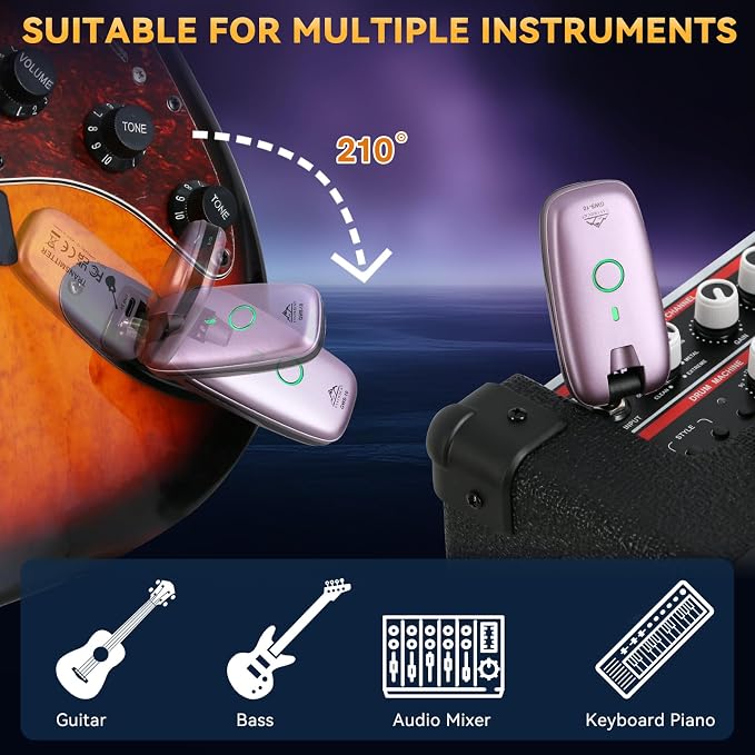 EASTROCK Wireless Guitar System, Guitar Transmitter & Receiver for Electric Guitar, Bass, Keyboard & More Instruments, 7-Channel Rechargeable, 6H Battery, 1/4” & 1/8” Plugs,Purple