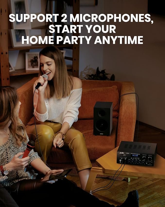 Moukey Stereo Receivers with Bluetooth 5.0, 2.0 Channel Power Audio Amplifier Stereo System w/USB, SD, AUX, RCA, MIC in w/Echo, LED for Karaoke, Home Theater Speakers, 400W Peak, 25W× 2 RMS- MAMP1