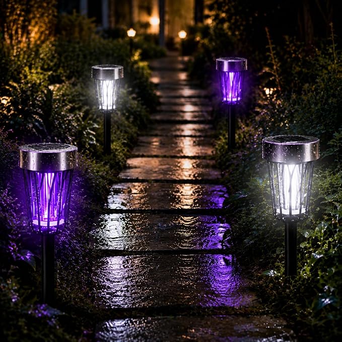 2026 New Solar Bug Zapper Outdoor Waterproof,Mosquito Zapper Rpellent Outdoor Patio,Purple & White Light,Auto-On at Dusk,Effective Fly Insect Gnat Zapper Trap for Yard,Garden,Backyard,Pathway