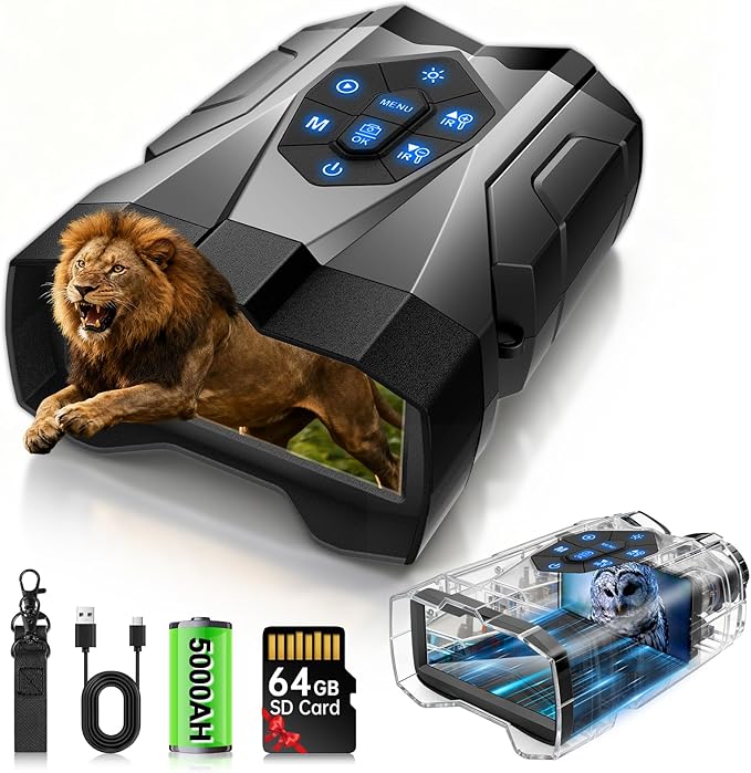 Night Vision Goggles, 4K Night Vision Binoculars for Adults with 5000mAh Battery, Upgraded 16X Zoom 9X Infrared Binoculars with 64GB Card for Photo & Video,Ideal for Camping Wildlife Observation