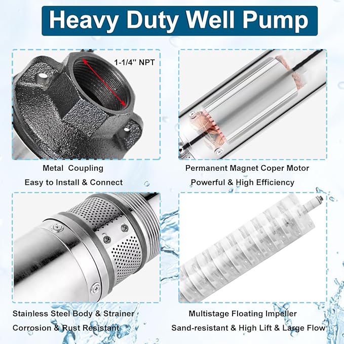 4" Deep Well Submersible Pump, 1/2 HP, 110V, 60 Hz, 25 GPM,207FT Max Head, 33FT Power Cord,Stainless Steel Submersible Well Pump with External Control Box, Check Valve & Outlet,ON/OFF Switch