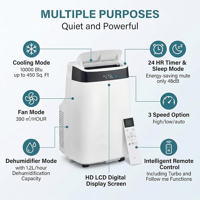 10,000 BTU Portable Air Conditioners, 3-in-1 Portable AC with Cool, Dry, Fan and Sleep Modes, Room Air Conditioners with 24H Timer, Self-Evaporation, Low Noise 48 dB, for Bedroom, Office
