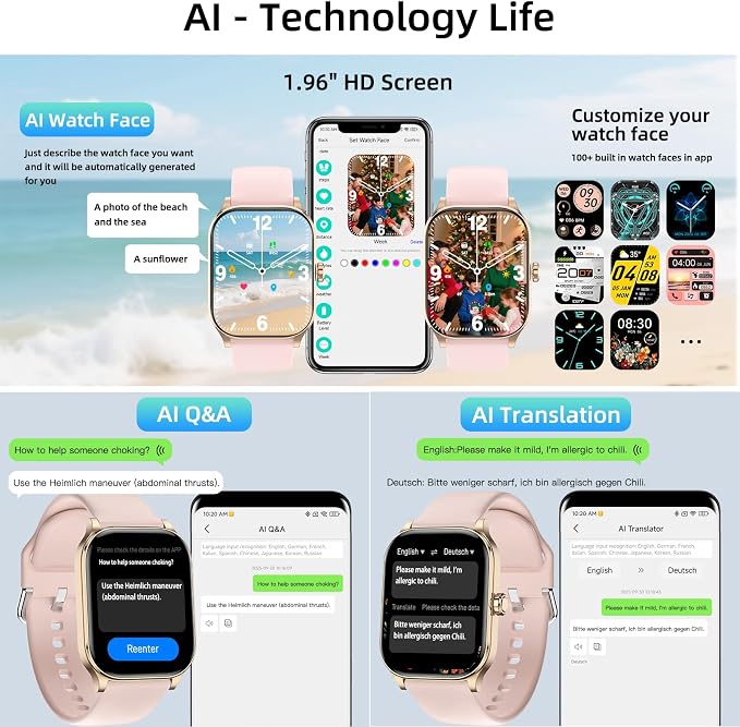 Smart Watch, GPS & Free Maps, 1.96" HD Screen, AI, Bluetooth Call & Text, Health, Fitness & 24/7 Sleep Tracker, 100+ Workout Modes, 5 ATM Water-Resistance, for Men & Women, Android & iOS, 2 Bands