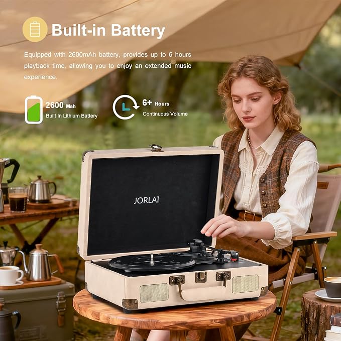 Portable Bluetooth Record Player with USB Playback Rechargeable Battery and Built in Speakers 3 Speed Turntable in Retro Suitcase Design for Home Bedroom or Outdoor Use