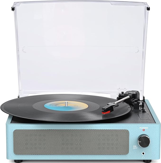 Vinyl Record Player with Speakers New Sleek Sky Blue Turntable Wireless Receiver Bluetooth Playback 3 Speed 3 Size AUX-in RCA Line Auto Stop All-in-one LP Phonograph for Beginner Classic Blue