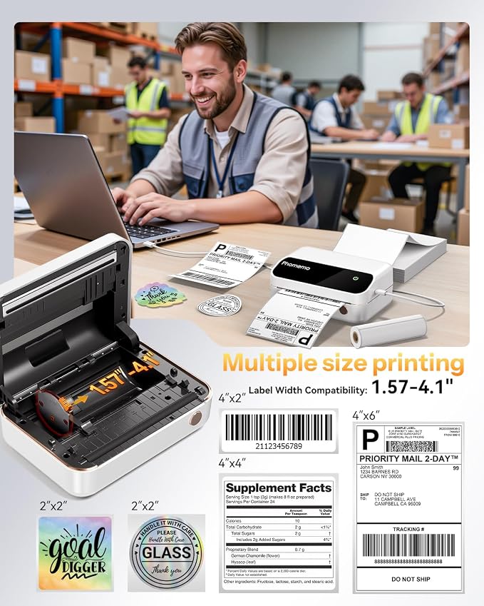 Phomemo Portable 4 Inch Thermal Label Printer with 55PCS White 4"x6" Thermal Labels