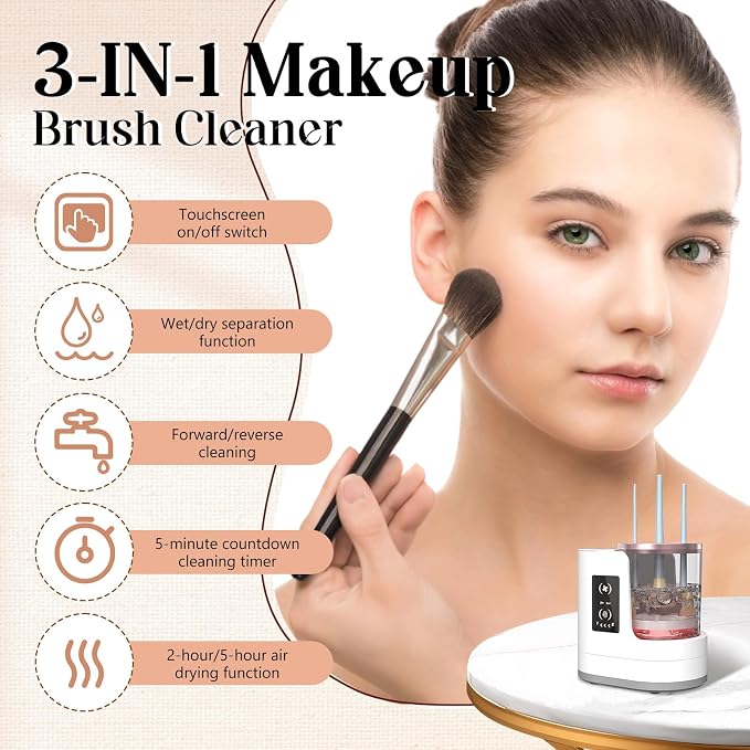 Electric Makeup Brush Cleaner, 3 in 1 Automatic Make up Brush Cleaner and Dryer, Portable Make up Brush Cleaner Cleanser Machine with Multi-size Slots for All Types of Makeup Brushes, Eyeshadow Brush