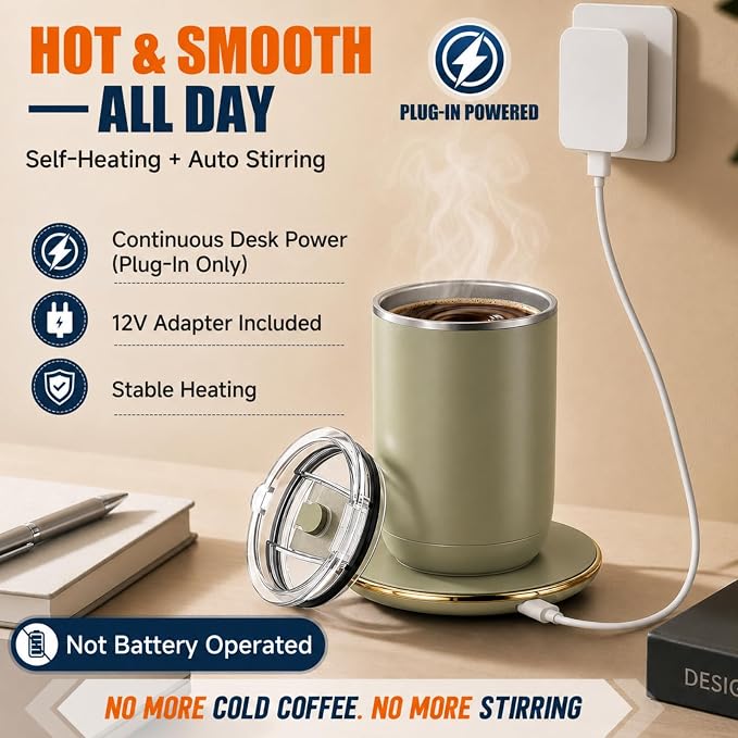Self Stirring Heated Coffee Mug, 10 oz Auto Magnetic Mixing Cup, SageGreen | 304 stainless steel interior. Includes 3 heat settings, 8H auto shut-off, plug-in base for home office desk