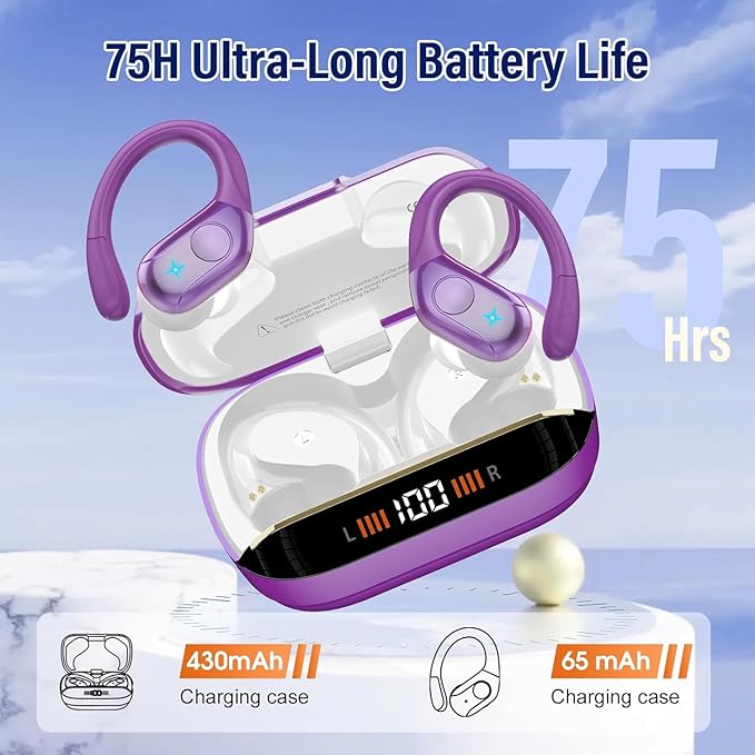 Qecnato Wireless Earbuds Bluetooth 5.4 Headphones 75H Stereo Deep Bass Sports Over Ear Buds with Earhooks, LED Display Bluetooth Earbuds with 4 ENC Mic, IP7 Waterproof Earphone for Running,Dark Purple
