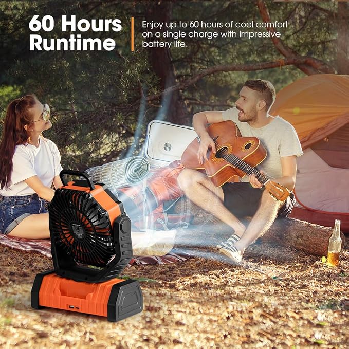 SAN HIMA Battery Powered Camping USB Desk Fan - 20000mAh Rechargeable Battery Operated, with LED Light, 4 Speed Oscillation, 360° Rotation, Hanging Hook, Cordless, for Tent, Outdoor