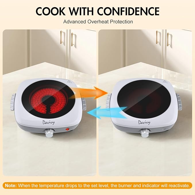 Davivy Single Burner Electric Hot Plate, 1200W Portable Cooktop with Scratch-Resistant Ceramic Glass, Lightweight 3.1lbs with Handle for Easy Carry – Ideal for Travel, Dorms, and Home Kitchen