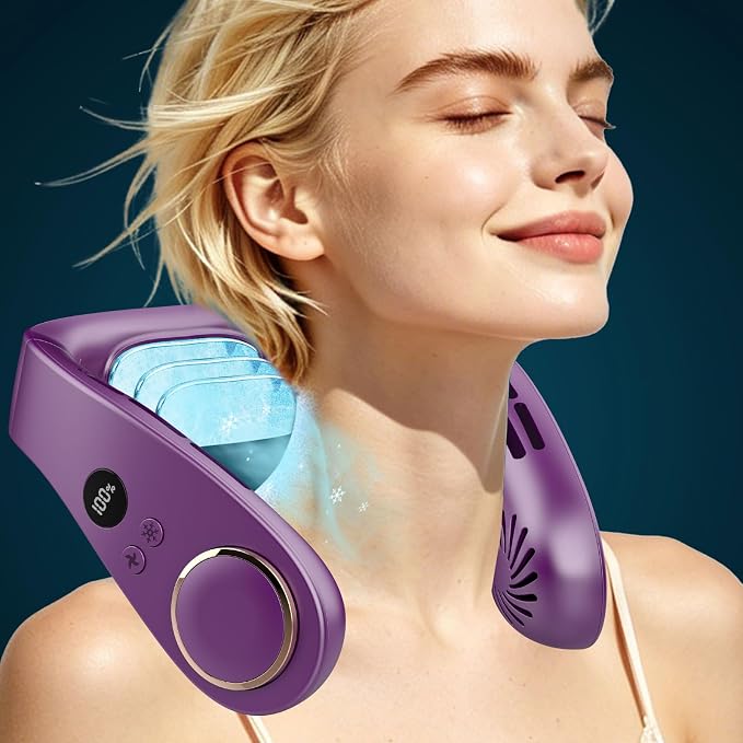 FWV Neck Air Conditioner with Cooling Plate, 1S Quick Cool 59℉, Rechargeable 5500mAh 3-24Hrs Lasting, LED Display Wearable Neck AC, Cordless Bladeless Personal Cooling Fan for Kid Adult Girl Purple
