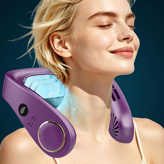 FWV Neck Air Conditioner with Cooling Plate, 1S Quick Cool 59℉, Rechargeable 5500mAh 3-24Hrs Lasting, LED Display Wearable Neck AC, Cordless Bladeless Personal Cooling Fan for Kid Adult Girl Purple